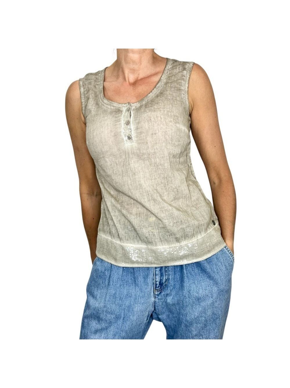 Manguun Germany 100% cotton lightweight beige tan sequin sleeveless tank top